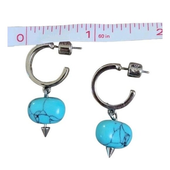 Signed GEN Faux Turquoise Silver Tone Spike Dangle Hoop Earrings - Picture 4 of 5
